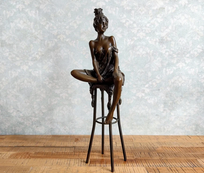 Female Sitting on Bar Stool Sculpture Bronze Figurine Sculpture Art Decorative Enticing Home Decor