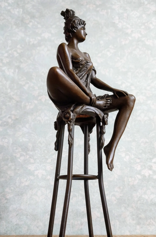 Female Sitting on Bar Stool Sculpture Bronze Figurine Sculpture Art Decorative Enticing Home Decor