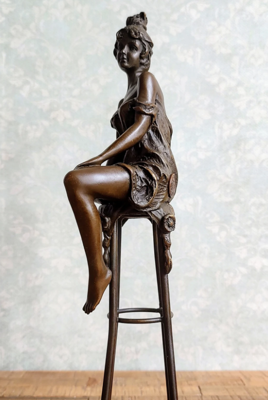 Female Sitting on Bar Stool Sculpture Bronze Figurine Sculpture Art Decorative Enticing Home Decor