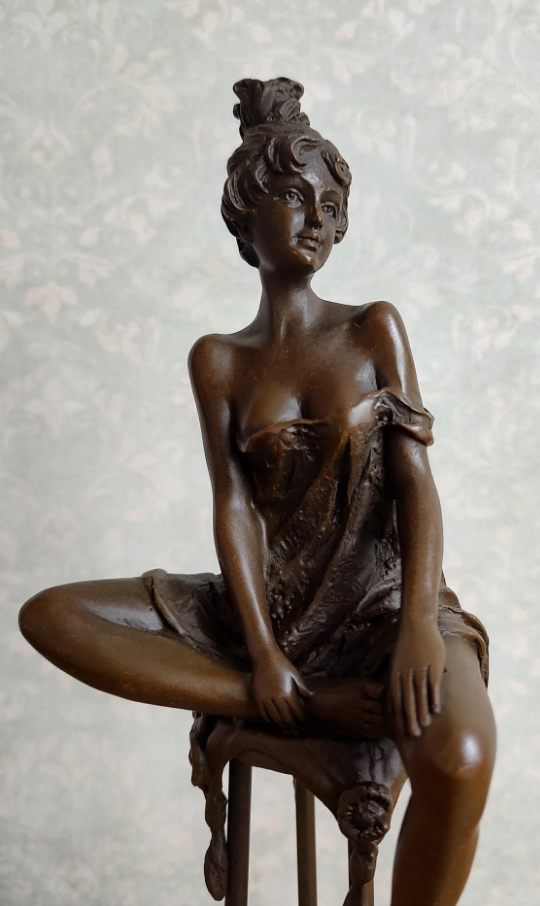 Female Sitting on Bar Stool Sculpture Bronze Figurine Sculpture Art Decorative Enticing Home Decor