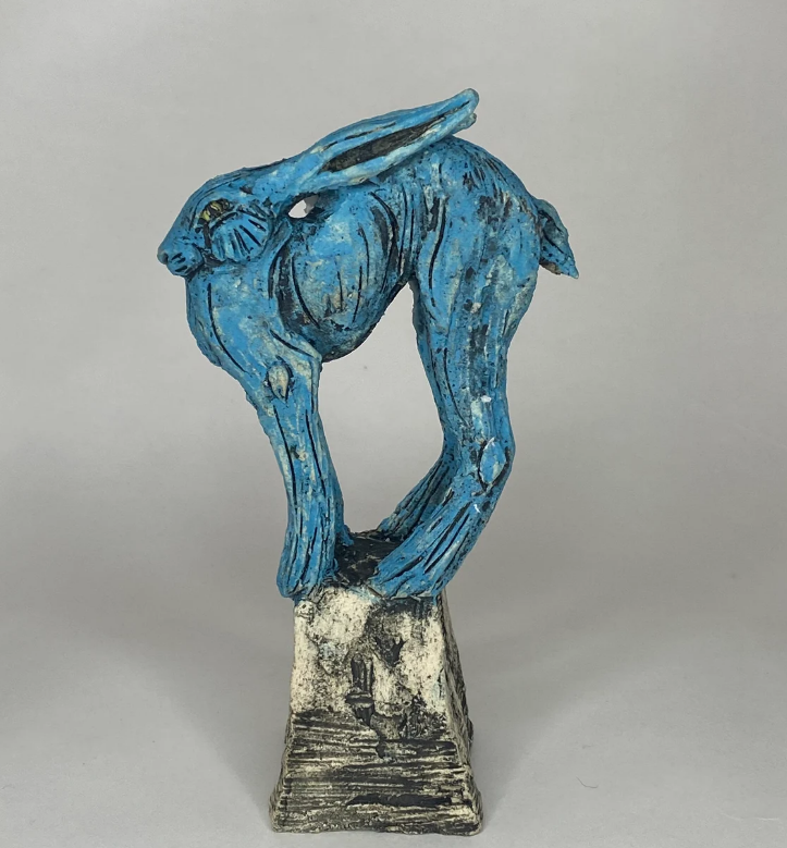 Blue Rabbit sculpture in ceramic Figurine Decorative Art Sculpture Home Decor Room Decor